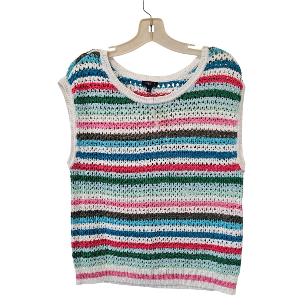 Talbots Crochet Crewneck Pullover Sleeveless Sweater Sunset Stripe Size Mp